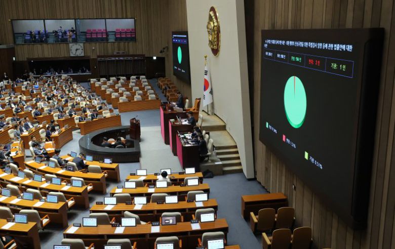 집권여당인 더불어민주당이 추진해온 3대 특검법인 '채상병 특검법' '내란 특검법' '김건희 특검법'이 5일 국회 본회의를 통과했다. 이 중 윤석열 전 대통령 등에 의한 내란·외환 행위의 진상규명을 위한 특검법 가결 현황이 대형 화면에 표시되고 있다. 해당 특검법은 내란 행위, 외환유치 행위, 군사 반란 등 윤 전 대통령의 12·3 비상계엄 선포와 관련한 범죄 의혹 11가지가 수사 대상이다. 연합뉴스