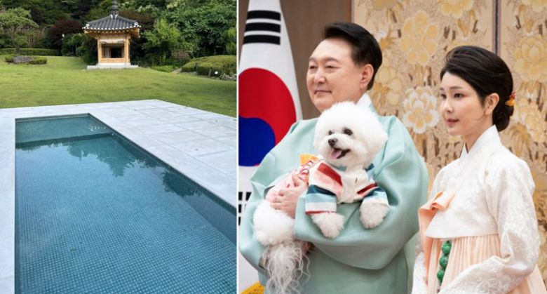 서울 용산구 한남동 대통령 관저 야외에 설치된 시설물(왼쪽), 윤석열 전 대통령 부부. 출처=박홍근 의원 페이스북, 연합뉴스