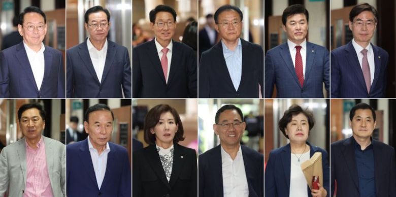 국민의힘 의원들이 9일 오전 서울 여의도 국회 원내대표실에서 4선 의원 이상 회의에 참석하고 있다. 사진 왼쪽 위부터 김도읍, 이종배, 김상훈, 윤재옥, 윤영석, 조경태, 김기현, 박덕흠, 나경원, 주호영, 조배숙, 박대출 의원 뉴시스