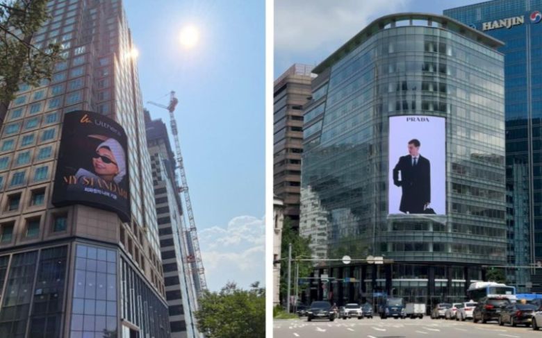 서울 영등포구 여의도 원센티널(왼쪽)과 중구 명동 권역의 케이파이낸스타워에 설치된 전광판 전경. 사진=전민경 기자