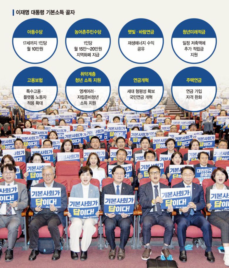 박주민 더불어민주당 기본사회위원회 수석부위원장(맨 앞줄 오른쪽 세번째)을 비롯한 참석자들이 지난 4월 11일 오후 서울 여의도 국회 의원회관에서 열린 민주당 서울 기본사회위원회 발대식에서 피켓을 들고 구호를 외치고 있다. 뉴스1