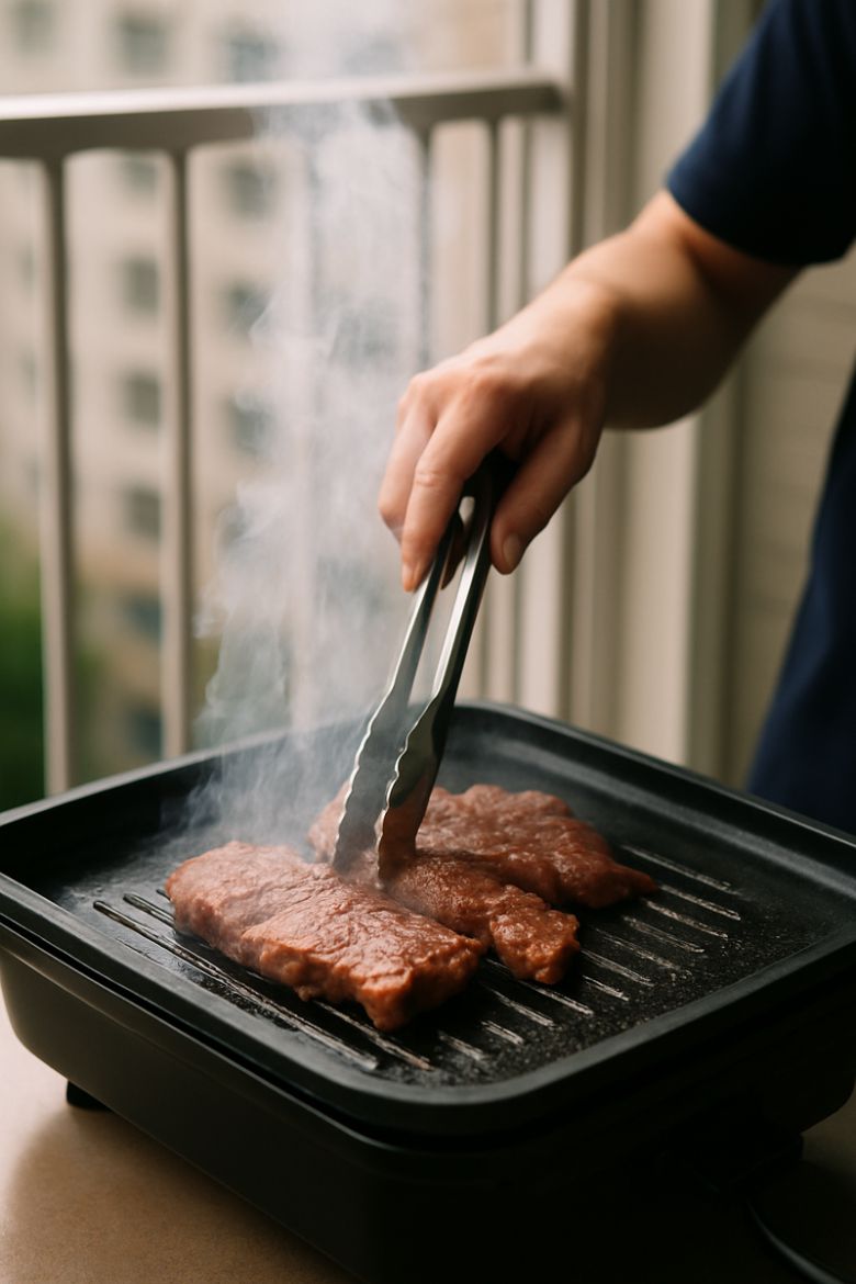 공동주택 베란다에서 고기를 구워 먹는 행동을 두고 온라인에서 엇갈린 의견이 오가는 상황을 AI로 구성한 이미지. /사진=챗GPT