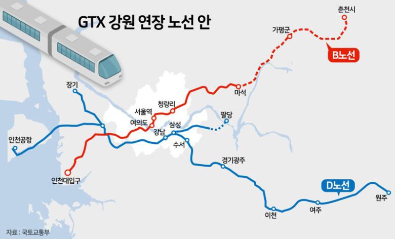 GTX 강원 연장 노선 안.