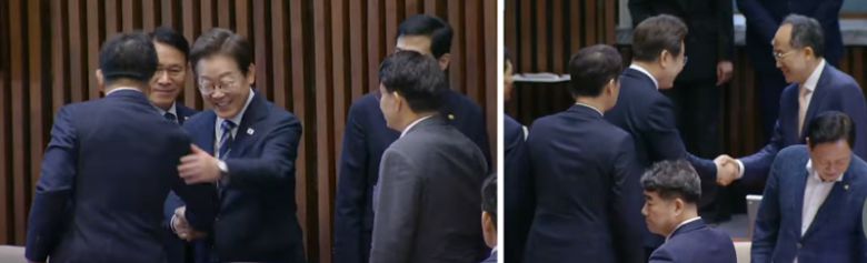 이재명 대통령이 26일 서울 여의도 국회에서 추가경정예산안 시정연설을 마친 뒤 국민의힘 권성동 의원(왼쪽), 추경호 의원 등과 아야기를 나누고 있다. /사진=국회방송 캡처