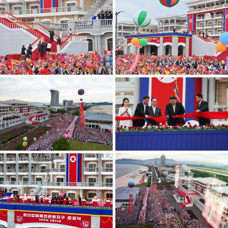 북한 노동당 기관지 노동신문은 26일 "세계를 앞서나가려는 우리 인민의 애국적 열정을 배가해주는 긍지스럽고 고무적인 창조물인 원산갈마해안관광지구 준공식이 6월 24일에 성대히 진행됐다"고 보도했다. 노동신문/뉴스1