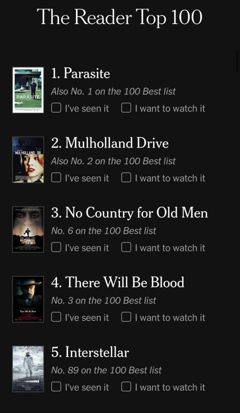 NYT 독자들이 뽑은 21세기 최고의 영화. 뉴욕타임스 앱 캡처. /사진=뉴시스