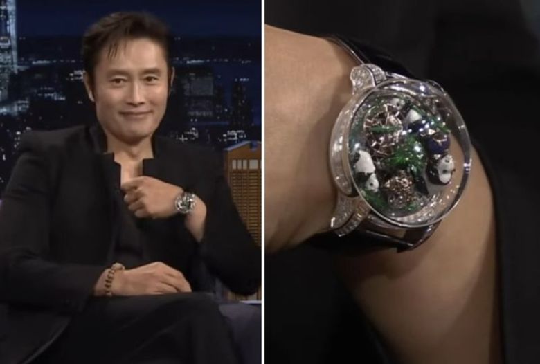 배우 이병헌이 미국 NBC의 인기 토크쇼 '더 투나잇 쇼 스타링 지미 팰런(The Tonight Show Starring Jimmy Fallon)' 출연 당시 착용한 시계/사진=지미팰런쇼 캡처, 동아일보