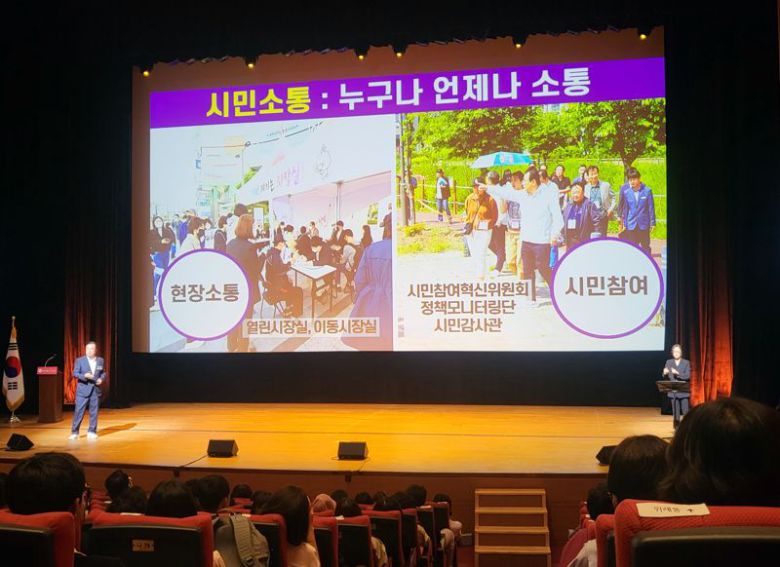 3일 오후 하남문화예술회관 검단홀에서 열린 민선8기 3주년 시민토크콘서트에서 이현재 하남시장(왼쪽)이 시민들에게 시정 현황을 발표하고 있다. 사진=김경수 기자