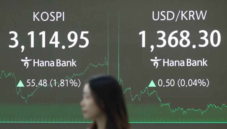 코스피가 3110대를 회복하며 장을 마감한 8일 서울 중구 하나은행 본점 딜링룸에 코스피와 환율 등이 표시돼 있다. 연합뉴스