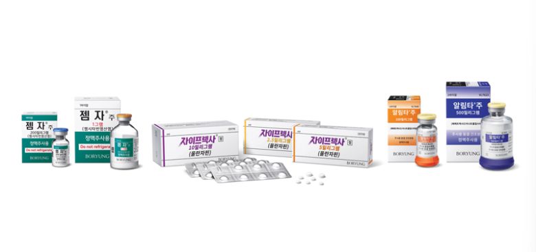 보령이 LBA 전략으로 인수한 의약품인 젬자와 자이프렉사, 알림타(왼쪽부터). 보령 제공