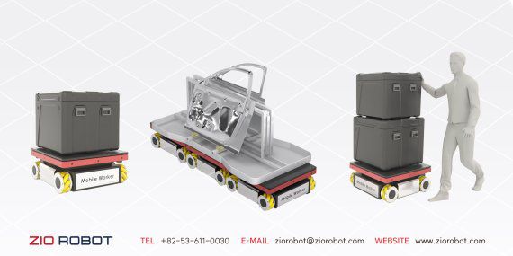 사진설명:지오로봇 고유의 모듈형 이동로봇 플랫폼을 활용해 유연한 제조공정에 적용한예시