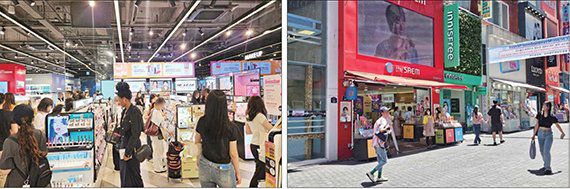 지난 11일 서울 강남구에 위치한 시코르 강남역점(오른쪽)이 고객들로 북적이고 있는 반면 서울 중구 명동거리의 한 뷰티 매장은 한산한 모습을 보이고 있다. 사진=이정화 기자