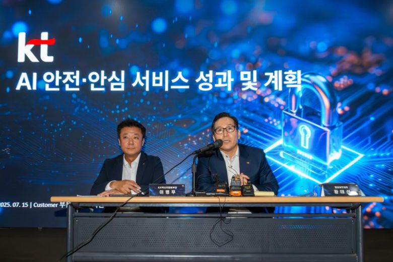 KT 이병무 AX혁신지원본부장(왼쪽)과 황태선 정보보안실장이 15일 서울 광화문에서 열린 'KT 고객 안전·안심 브리핑'에서 기자단 질문을 받고 있다. KT 제공