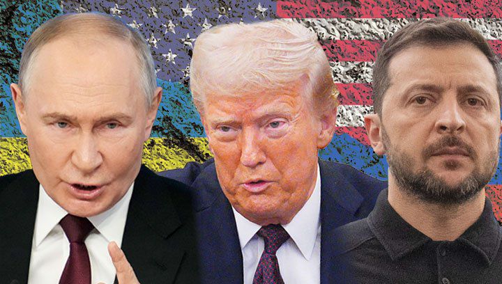 왼쪽부터 블라디미르 푸틴 러시아 대통령과 도널드 트럼프 미국 대통령, 볼로디미르 젤렌스키 우크라이나 대통령.뉴시스