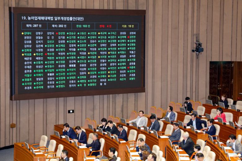 23일 오후 서울 여의도 국회에서 열린 제427회국회(임시회) 제2차 본회의에서 농어업재해대책법 일부개정법률안(대안)이 재적 297인, 재석 202인, 찬성 183인, 반대 4인, 기권 15인으로 통과되고 있다. 뉴스1
