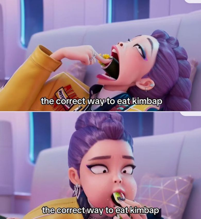 틱톡 이용자가 '김밥 한 입에 먹기' 챌린지를 보여주기 전 '케이팝 데몬 헌터스' 주인공의 김밥 먹방을 소개하며 올바르게 김밥 먹는 방법을 설명. /사진=넷플릭스, 인스타그램 'mas.a9_11_cos' 화면 캡처