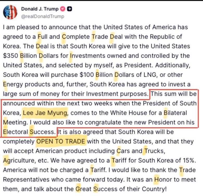 31일 트럼프 대통령이 한·미 관세 협상 타결을 알리며 '트루스소셜'에 올린 글. /사진=트루스소셜 캡처