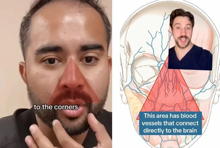 캘리포니아대학 어빈메디컬센터 에버 아리아스 박사(왼쪽)와 미국 피부과 전문의 마크 스트롬 박사가 '죽음의 삼각형' 부위에 대해 설명하고 있다. 출처=틱톡