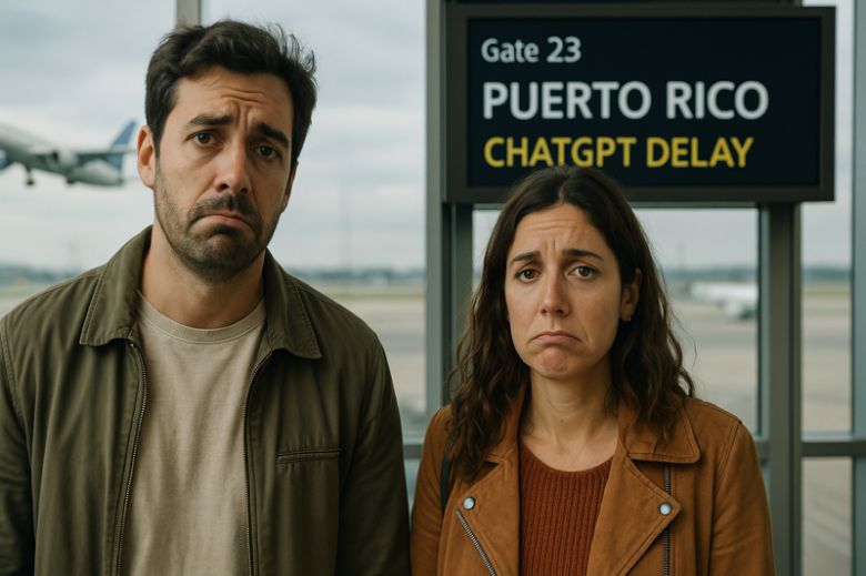 스페인 국적의 여행 인플루언서 커플이 챗GPT 정보만 믿다가 푸에르토리코행 비행기를 놓친 상황을 AI를 활용해 생성한 이미지. /사진=챗GPT