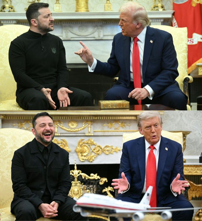 미국의 도널드 트럼프 대통령(오른쪽)과 우크라이나의 볼로디미르 젤렌스키 대통령이 지난 2월 28일 미국 워싱턴DC 백악관에서 대화하는 사진(위쪽)과 같은 장소에서 이달 18일 다시 열린 양자 회담 사진.AFP연합뉴스