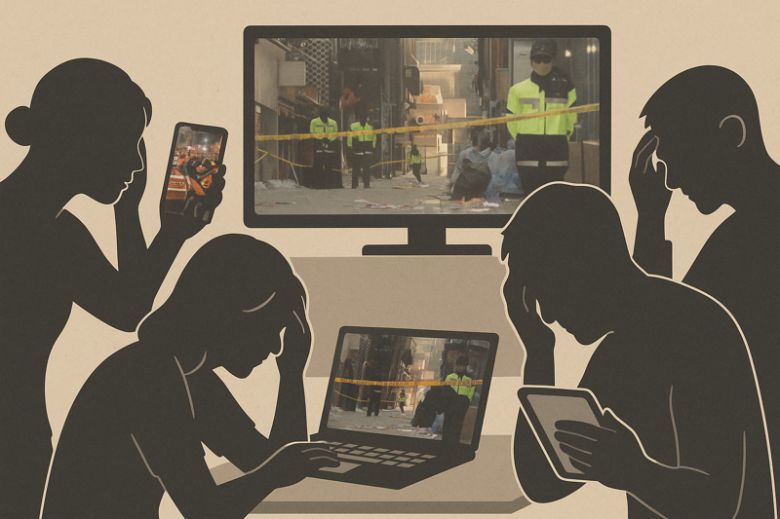 2022년 이태원 참사 상황을 미디어로 접한 시민들도 장기간 트라우마에 시달린다는 연구 결과를 AI를 활용해 이미지로 생성. /사진=챗GPT