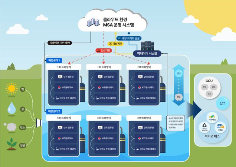 국립호남권생물자원관과 소프트웨어 개발업체 엔엠플러스가 사물인터넷(IoT)을 활용해 구축한 미세조류 대량배양 자동화 시스템 개념도. /사진=엔엠플러스 제공