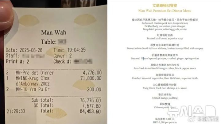 홍콩의 고급 레스토랑에서 한 남성이 1430만원 상당의 식사 후 계산 없이 사라지는 사건이 발생했다. 사진=뉴시스, 월드저널 갈무리