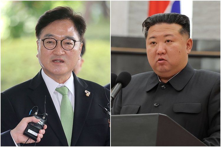 우원식 국회의장(왼쪽)과 김정은 북한 국무위원장. 연합뉴스