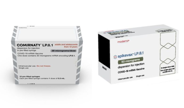한국화이자제약 '코미나티 엘피에이트원프리필드시린지'(왼쪽)·모더나코리아 '스파이크박스엘피주'. 한국화이자제약·모더나코리아 제공