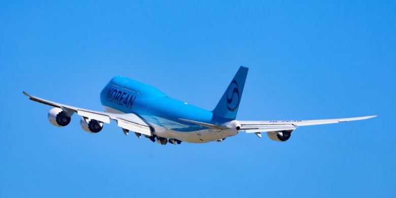 미국 조지아주 현대차그룹-LG에너지솔루션 배터리 합작 공장 건설 현장에서 체포·구금된 우리 국민 300여명을 태울 대한항공 B747-8i 전세기가 10일 오전 인천국제공항에서 이륙하고 있다. 뉴시스