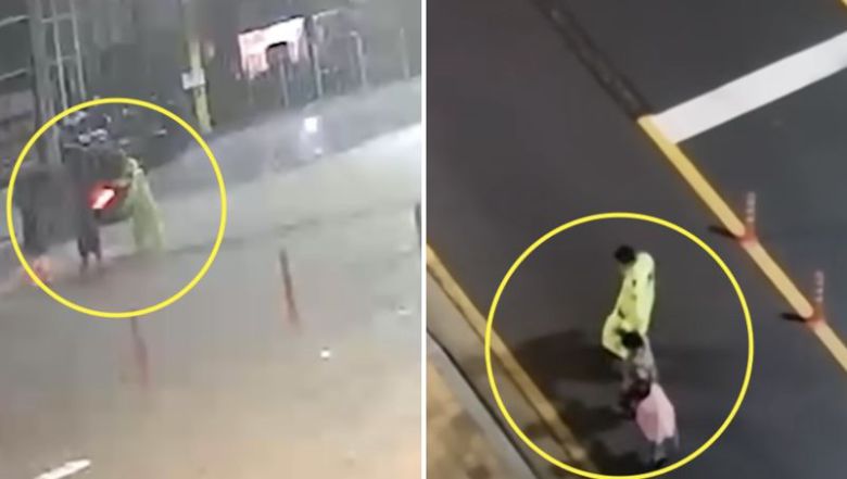 지난달 침수 피해로 광주 북구 신안동 일대에서 고립된 어르신들을 발견한 교통경찰관이 어르신들을 구조하고 있다(왼쪽), 어르신들을 구조한 경찰관이 구조했던 할머니 손을 잡고 안전한 곳으로 대피시키고 있다./사진=유튜브 '대한민국 경찰청' 캡처