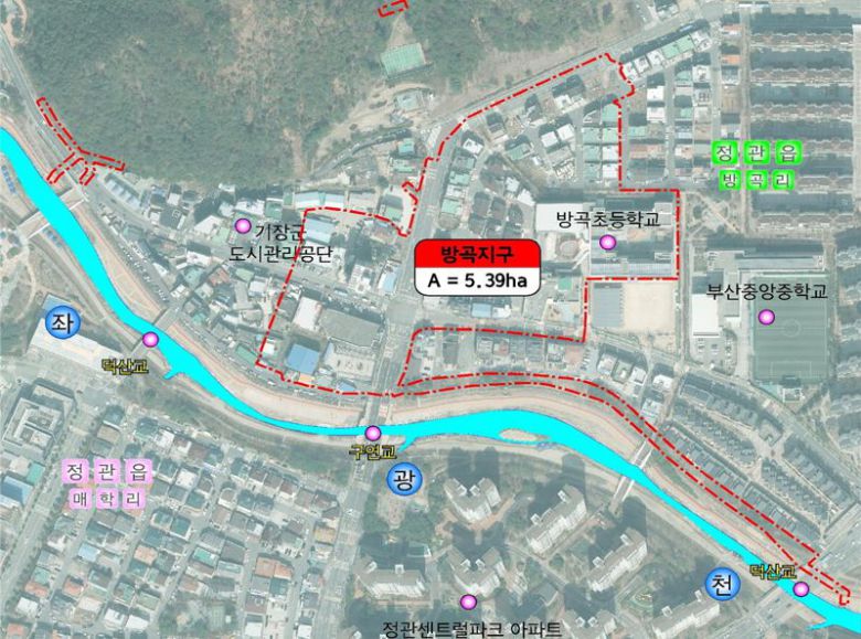 ‘2026 재해위험지역 정비사업’ 대상지로 최종 선정된 부산 기장군 정관읍 방곡지구 일대 위치도. 부산 기장군 제공