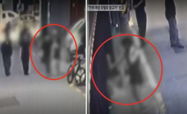 지난 11일 서울 송파구의 한 모텔 앞에서 한 남성이 술에 취한 여성을 부축하듯 손을 잡고 걷고 있다.(왼쪽), 남성이 술 취한 여성을 모텔로 데리고 들어가고 있다./사진=채널A뉴스 캡처