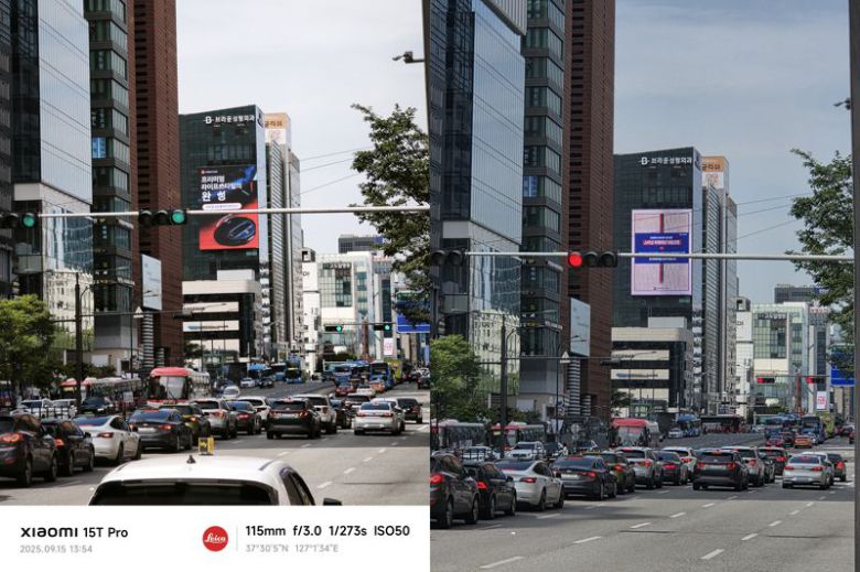 샤오미 15T 프로(왼쪽)와 갤럭시 S25+로 찍은 강남대로 모습. 사진=구자윤 기자