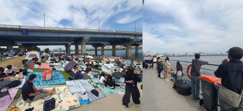 27일 오후 1시께 여의도한강공원 마포대교 밑 여의롤장이 텐트와 돗자리, 인파로 가득찼다. (오른쪽) 일부 관람객들은 쓰레기통 옆에서라도 불꽃을 보기 위해 일찌감치 자리를 잡았다. 사진=최승한 기자