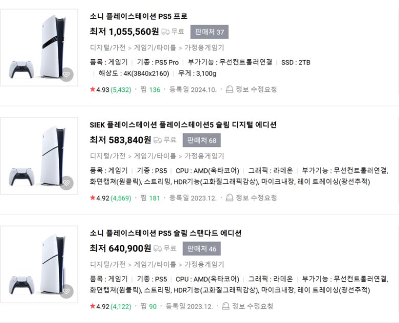 소니 플레이스테이션5 모델별 온라인 가격대. 네이버 캡처