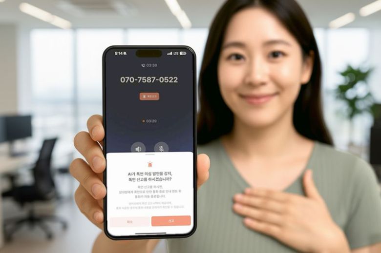 모델이 AI비즈콜 폭언탐지 기능을 소개하는 모습을 AI로 생성한 이미지. LG유플러스 제공