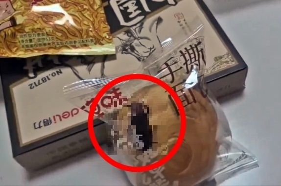중국의 한 소비자가 온라인에서 구매한 포장 빵 안에서 살아 있는 바퀴벌레가 나왔다고 주장해 논란이다. 사진=SNS