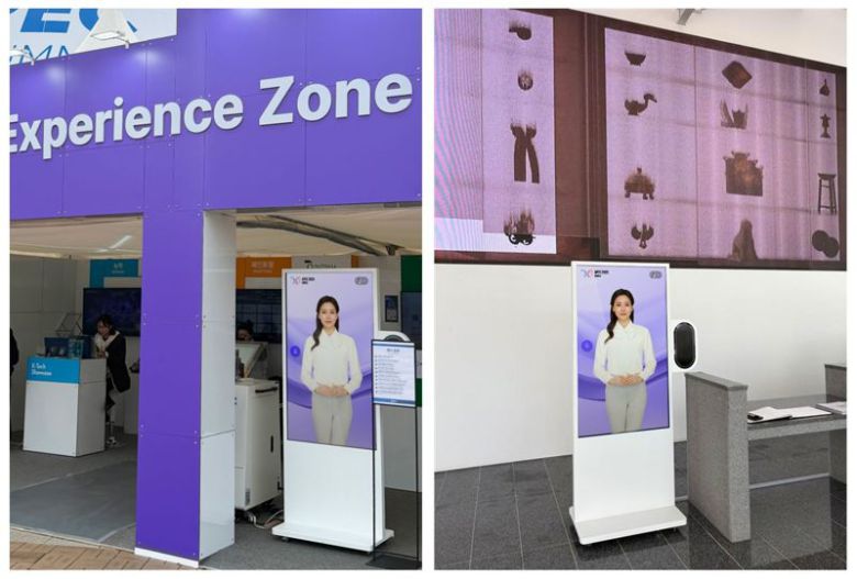 APEC ‘K-테크 쇼케이스’(왼쪽)와 ‘경제전시관’에 설치된 ‘페르소 AI 휴먼 키오스크’. 이스트소프트 제공