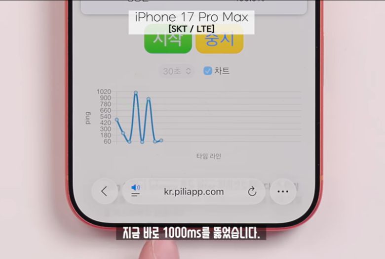 IT 유튜버 잇섭이 아이폰17 셀룰러 문제를 제기하는 영상 캡처. 100ms만 넘어가도 품질이 나쁜 상태다.
