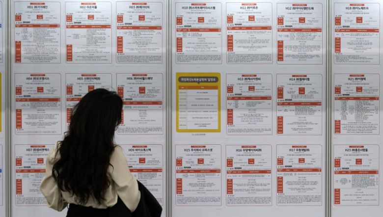 19일 오후 대전시 유성구 도룡동 대전컨벤션센터에서 열린 '2025 KB굿잡 대전 일자리 페스티벌'에서 한 구직자가 채용 게시대를 확인하고 있는 모습. 연합뉴스