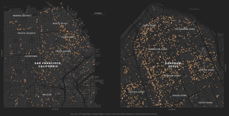 NYT가 샌프란시스코와 서울 강남에문을 연 카페들을 주황색으로 표기한 지도. /자료=SF오픈데이터·구글맵스·한국지역정보개발원, 사진=뉴욕타임스