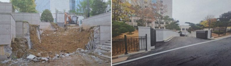 2022년 7월 말~8월 초 촬영된 것으로 추정되는 ‘대통령 집무실 동측 진입로 개선사업’ 공사 현장 사진(왼쪽)과 같은 해 11월 촬영된 것으로 보이는 ‘대통령 집무실 동측 진입로 개선사업’ 완공 사진. /사진=추미애 더불어민주당 의원실