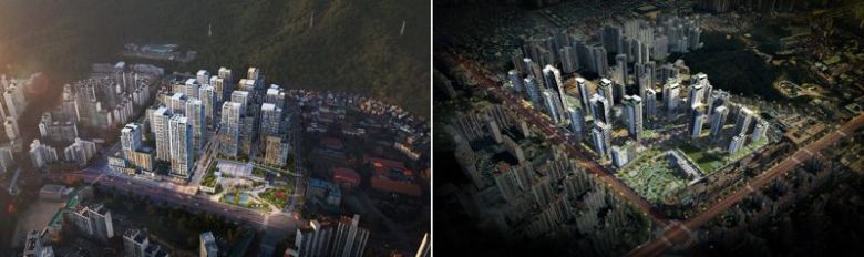 군포산본 9-2구역(왼쪽), 군포산본 11구역 특별정비계획(안) 조감도