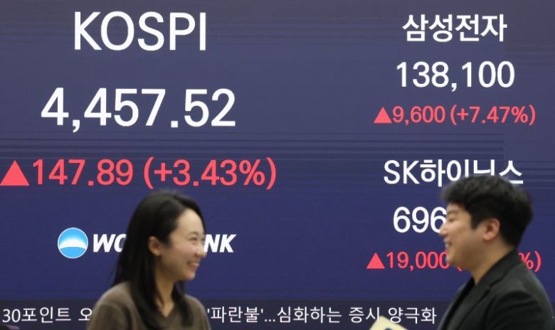 코스피가 국내 반도체 대장주 삼성전자·SK하이닉스의 강세에 힘입어 사상 최고치 기록을 갈아치운 5일 오후 서울 중구 우리은행 본점 딜링룸 전광판에 종가가 표시되고 있다. 2026.1.5/뉴스1 ⓒ News1 오대일 기자 /사진=뉴스1