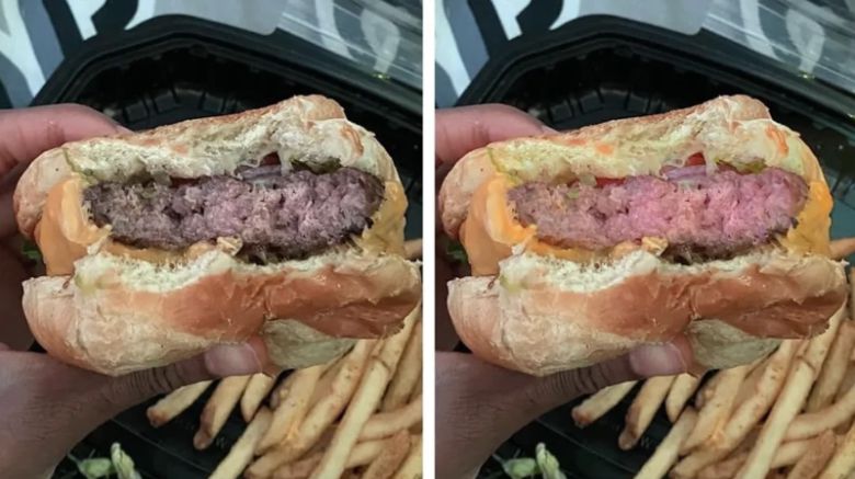 AI로 조작한 음식 사진으로 환불을 요구하는 사례가 늘고 있다. 사진은 제대로 구워진 햄버거 패티(왼쪽)를 AI를 활용해 덜 익은 패티로 조작했다./사진=더타임스