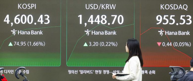 코스피가 장중 4600선을 넘어선 7일 서울 중구 하나은행 딜링룸에서 직원들이 업무를 보고 있다. 뉴시스 제공