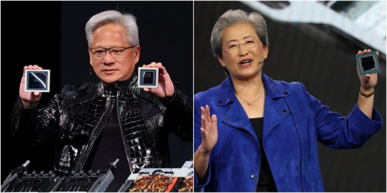 5일(현지시간) 미국 네바다주 라스베이거스 퐁텐블로호텔에서 열린 엔비디아 CES 2026 라이브에서 칩을 들고 있는 젠슨 황 엔비디아 CEO(왼쪽)와 베네시안호텔에서 키노트 연설을 하는 리사 수 AMD CEO. 연합뉴스