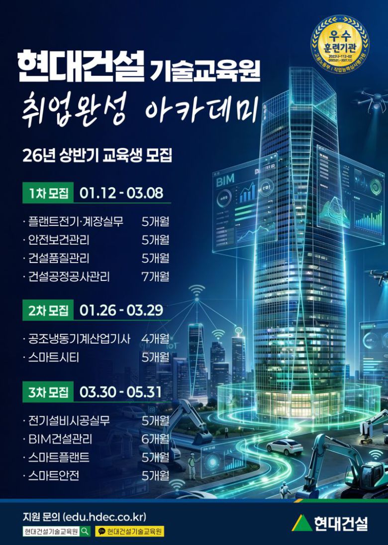 현대건설 기술교육원 2026년 상반기 '취업완성 아카데미' 교육생 모집 포스터. 현대건설 제공