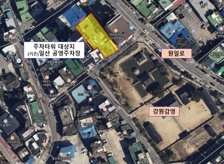 원주시 일산동 공영주차타워 위치도. 원주시 제공